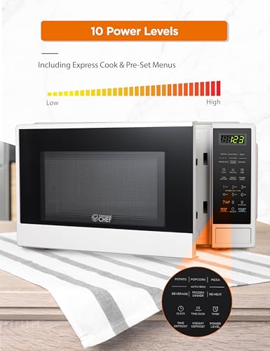 Commercial Chef 1.1 Cu. Ft. Countertop Microwave Oven, Touch Controls with Digital LED Display, 1100W Microwave, Push Button Door, 10 Power Levels, CHCM11100W, White