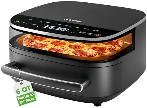 NutriChef 6 Quart Extra Large Air Fryer with 11-in-1 Cooking Presets | Extra-Large Basket Fits Up to 12” Pizza | Adjustable Temperature 450F & Timer Range | Dual Heat Source Technology | Grey