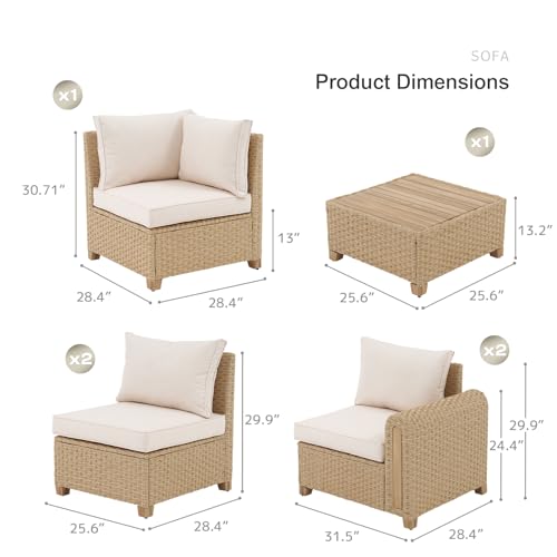 SUNSITT 6-Piece Patio Wicker Modular Sectional Set with Acacia Wood Accents