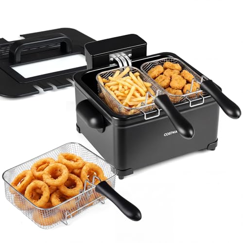 COSTWAY Deep Fryer with Touch Screen, 5.3-Qt/5L Electric Fryers with Basket, 6 Presets, 1700W Stainless Steel Countertop Fryer Pot w/Enamel Oil Tank, Viewing Window, Anti-Grease Filter & Timer, Black