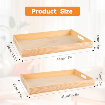 Wooden Serving Trays with Handle - 2 Pieces Unfinished Wood Nested Breakfast Food Serving Trays for Craft Kids Montessori Snacks Home Decor Kitchen Party Dinner