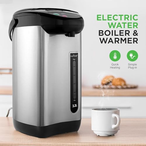 NutriChef Hot Water Urn Pot 3.38 QT, Insulated Stainless Steel Hot Water Dispenser & Boiler, Auto & Manual Dispense, Safety Lock, Electric Kettle
