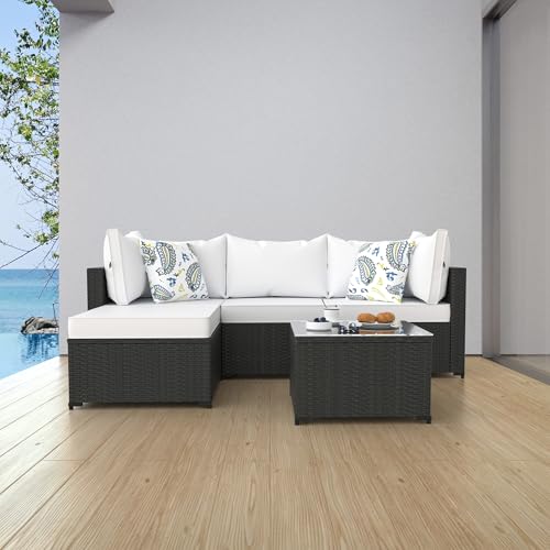 Patio Furniture Set, 5PCS Outdoor Sectional with Ottoman Wicker Rattan Patio Couch with Thickened Cushion Modular Wicker Patio Conversation Set with Glass Top Table for Balcony, Backyard (White)