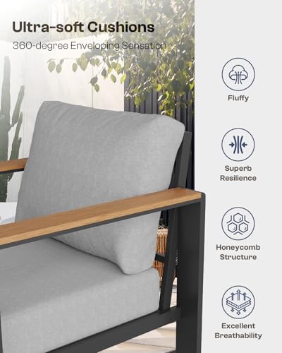 Oasbira Aluminum Outdoor Patio Furniture Set with Coffee Table, 4 Piece Patio Conversation Sets with Washable Thick Cushions, Outdoor Sectional Furniture Set for Poolside, Balcony, Deck, Gray