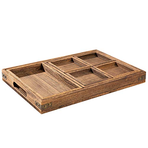 Yangbaga Rustic Wooden Serving Trays with Handle - Set of 7 Rectangular Platters for Entertaining, Breakfast, Coffee Table, Home Decor