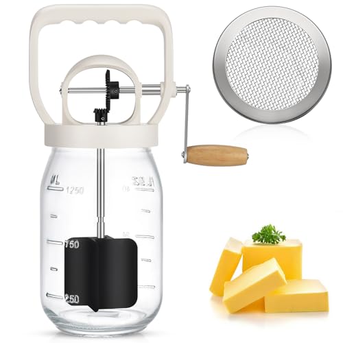 CAROD Classical Butter Churner, 1.5L Glass Jar with Hand Injury Prevention Device & Sifting Lid, 50oz Hand Crank Jar Maker Creates Fresh Homemade Butter within 15 Min, Ideal DIY Kitchen Gift