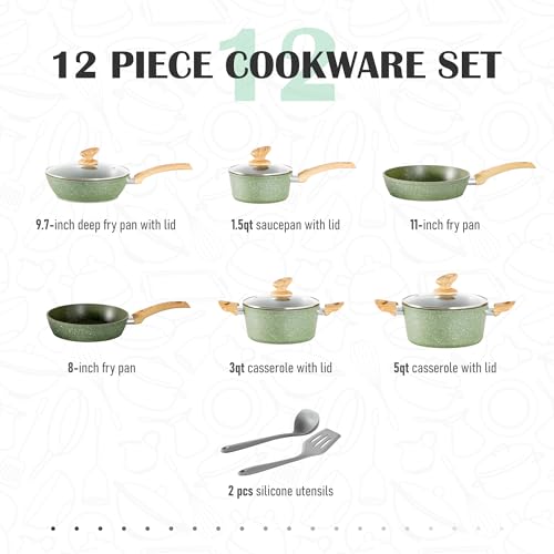 MAISON ARTS Pots and Pans Set Non Stick, 12 Piece Green Granite Kitchen Cookware Induction Compatible, Cooking Sets Pots and Pans Nonstick