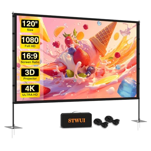 STWUI Outdoor-Projector-Screen-with-Stand - 120 inch Portable Projection Screen Indoor Outdoor Projector Screens 16:9 4K HD Lightweight Movie Screen with Carry Bag for Backyard Movie Night