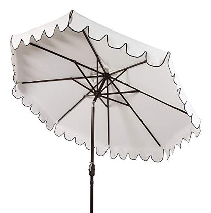 SAFAVIEH Outdoor - Venice 9-Foot Crank Patio Umbrella - Ivory & Black Canopy - Brown Aluminum Pole - Single Scallop Trim Design - Ideal for Patio, Deck, Poolside, Backyard (PAT8010E)
