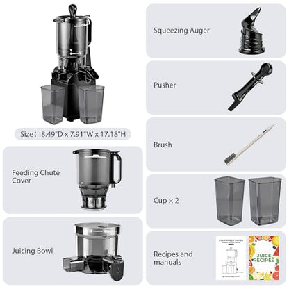 SUSTEAS Juicer Machines with 5.3" Extra Wide Chute, Cold Press Juicer for Whole Fruits & Vegetables, 64oz Large Capacity Juice Extractor, Easy to Clean, High Juice Yield, Home Juicer, Premium Black