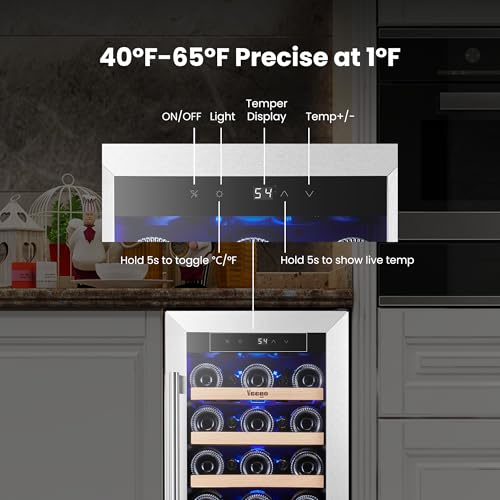 Yeego Wine Fridge Cooler - 15 Inch Wine Fridge Hold 33 Bottles, 40-65°F Wine Refrigerator Glass Door, Built in, Freestanding Under Counter Fridge for Beer Soda Drink Home Bar Office