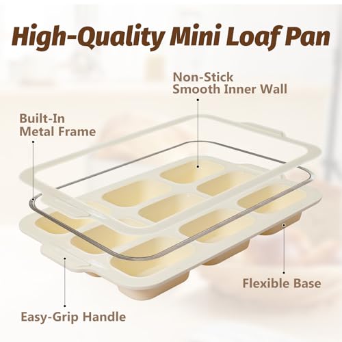 Silicone Bread Loaf Pan Set: 9.5 x 5 Inch Loaf Mold with Metal Frame and Nonstick Mini Bread Pan for Homemade - for Baking Banana Rye Cornbread Meatloaf Oven - Brownie Tray for Home Baker (Beige)