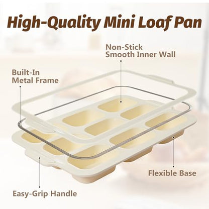 Silicone Bread Loaf Pan Set: 9.5 x 5 Inch Loaf Mold with Metal Frame and Nonstick Mini Bread Pan for Homemade - for Baking Banana Rye Cornbread Meatloaf Oven - Brownie Tray for Home Baker (Beige)