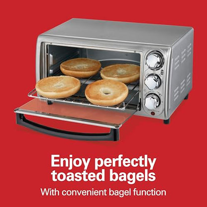 Hamilton Beach 4-Slice Toaster Oven with 5 Cooking Modes (Bake, Broil, Keep Warm Toast & Bagel) with Stay On & Auto Shutoff, 2 Rack Positions, 1100 Watts and 3 Accessories, Stainless Steel (31143)