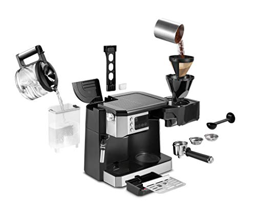 De'Longhi UPGRADED All-in-One Combination Coffee Maker & Espresso Machine + Advanced Adjustable Milk Frother for Cappuccino & Latte + Glass Coffee Pot 10-Cup, COM532M black