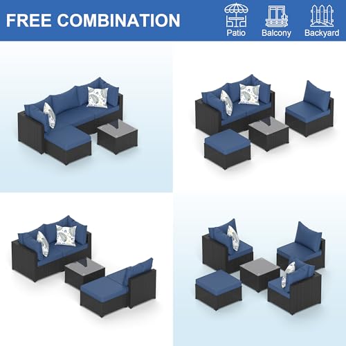 Patio Furniture Set, 5PCS Outdoor Sectional w/ Ottoman & Cushion, Navy Blue