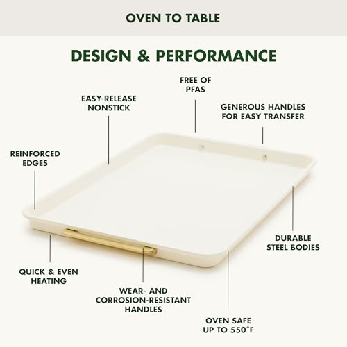 GreenPan Bakeware Set, 7 Piece Nonstick Ceramic Gold Handle Baking Sheets, Cake Pans, Loaf Pan, Muffin Tin, Cooling Rack, PFAS & BPA Free, Freezer to Oven Dish, Bake & Roast Ovenware, Cream