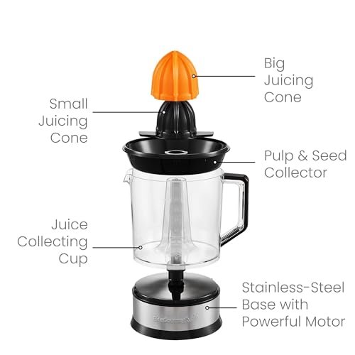 Elite Gourmet ETS047 BPA-Free 40-Watt Electric Citrus Juicer with 2 Cones, Compact, Large Volume, Pulp Control, Oranges, Lemons, Limes, Grapefruits with Easy Pour Spout, 1.2L, Black/Stainless Steel