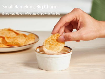 ONEMORE Ramekins 4 oz, Oven Safe Creme Brulee Ramekin Set of 6 for Baking, Speckled Ceramic Souffle Dishes with Brown Rim for Pudding Ice Cream, Porcelain Custard Cups Mini Bowls - Creamy White