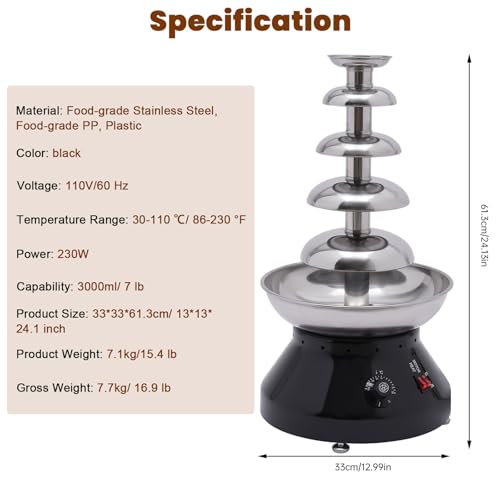 Chocolate Fountain Machine, 5 Tier Chocolate Fondue Fountain with Capability 7 lb Commercial Hot Chocolate Fondue Tower for Nacho Cheese Liqueurs Party Wedding 230W (Black)