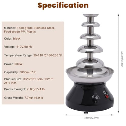 Chocolate Fountain Machine, 5 Tier Chocolate Fondue Fountain with Capability 7 lb Commercial Hot Chocolate Fondue Tower for Nacho Cheese Liqueurs Party Wedding 230W (Black)
