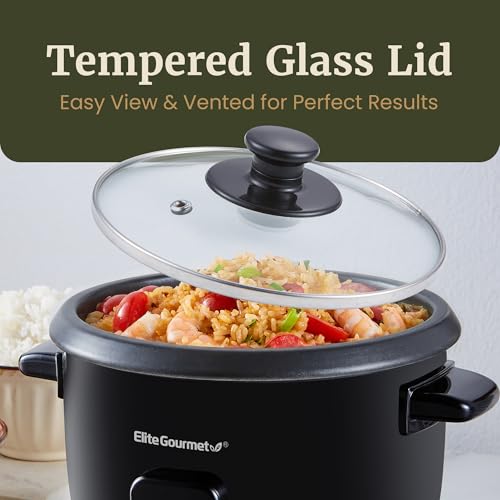 Elite Gourmet Electric Rice Cooker with Steam Tray and Non-Stick Inner Pot Makes Soups, Stews, Grains, Cereals, Keep Warm Feature, 6 Cups Cooked (3 Cups Uncooked), Black