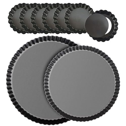 RICHSC-PAN Tart Pan Set, 11 & 9 Inch Tart Pans with 6Pcs 4 Inch Mini Pans. Removable Bottom, Non-Stick Coating, For Tart Quiche Pie Making. Suitable for Family Festivals and Gatherings.(8 Pack)