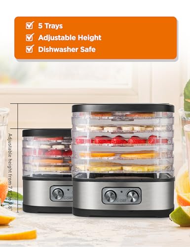 COMMERCIAL CHEF Food Dehydrator, 5 BPA-Free 10” x 9.25” Adjustable Height Trays, Stainless Dehydration Machine for Beef Jerky, Dehydrated Vegetables, Fruits and More, CHD200S, Black/Stainless Look