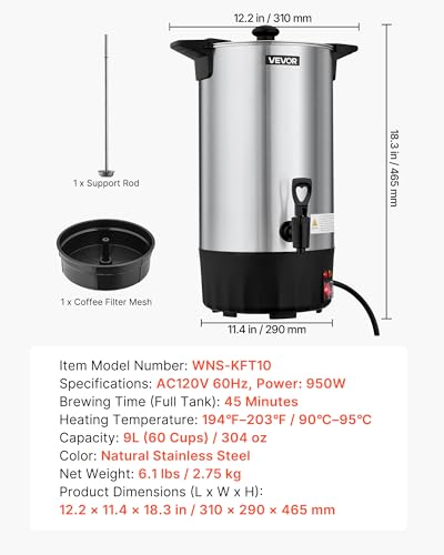 VEVOR Commercial Coffee Urn 60 Cups, 9.5 qt Hot Beverage Dispenser