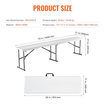 VEVOR Plastic Folding Bench, 6ft Portable Folding Bench, Smooth High Density Polyethylene Waterproof Outdoor Bench, Picnic Camping Table with Handle for Garden Soccer Playtime, White (2 Pack)