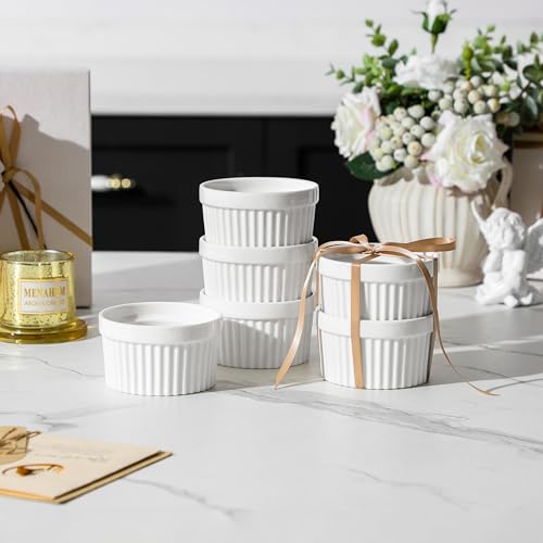 MALACASA Ramekins 6 oz Oven Safe, Porcelain Creme Brulee Ramekins Pudding Custard Cups Small Ceramic Souffle Dishes Ramakan Ramiken Ramicans Baking Bowls Set of 6, White, Series RAMEKIN-DISH