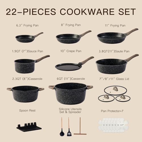 USELUCK Pots and Pans Set Nonstick 22 Pcs, Ceramic cookware set Non-Toxic Coating Inky Granite Kitchen Cookware Set, Induction Kitchen Cooking Set w/Frying Pans & Glass Lids, PFOS & PFOA Free