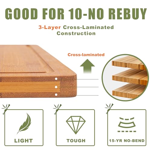 3-Piece Organic Bamboo Cutting Board Set for Kitchen - Carbonized Extra Sturdy Chopping Boards with Juice Grooves - Knife-Friendly Multi-Size (15", 12", 9") for Meat & Veggies - Housewarming Gift Box