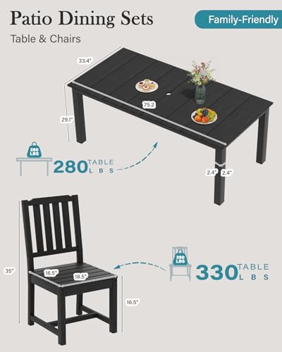LOUNZY 9 Pieces Patio Dining Sets,Outdoor HDPE Furniture Set for 8 w/ 2" Hole Cut-Out Dining Table with 8 Patio Chairs(2 W/Armrest, 6 w/o Armrest),Black