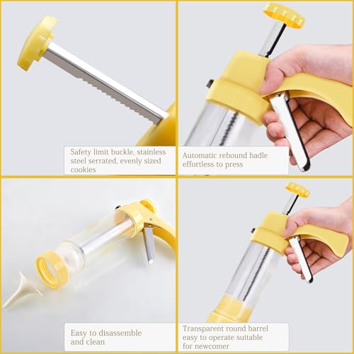 Cookie Press, Spritz Cookie Press for Baking, Thicken Cookies Press Gun Kit with 16 Discs and 6 Icing Tips, Suitable for DIY Cookies Maker and Cake Icing(Yellow)