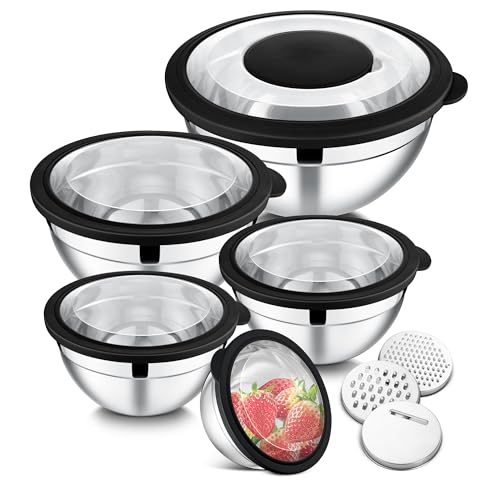 E-far Mixing Bowls Set of 5, Stainless Steel Salad Mixing Bowl with Transparent Lid, Metal Nesting Bowl Attach with 3 Graters for Kitchen Prepping/Serving/Baking/Storage, 4.6/2.6/1.5/1/0.7 QT - Black