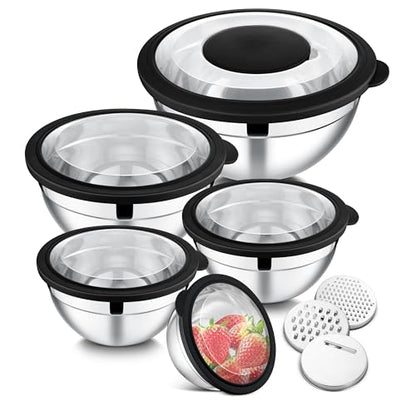 E-far Mixing Bowls Set of 5, Stainless Steel Salad Mixing Bowl with Transparent Lid, Metal Nesting Bowl Attach with 3 Graters for Kitchen Prepping/Serving/Baking/Storage, 4.6/2.6/1.5/1/0.7 QT - Black