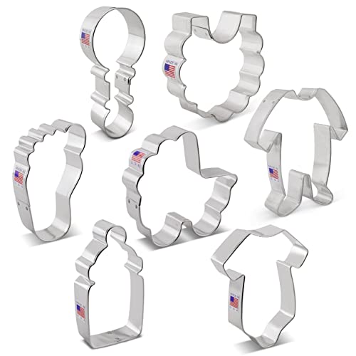 Ann Clark 7-Pc. Baby Shower Cookie Cutter Set, Made in USA, Baby Onesie, Footie Pajamas, Bottle, Rattle, Bib, Footprint and Carriage