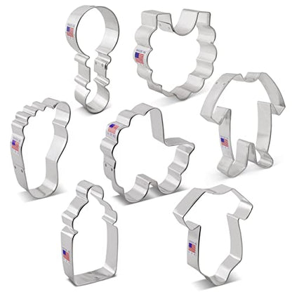 Ann Clark 7-Pc. Baby Shower Cookie Cutter Set, Made in USA, Baby Onesie, Footie Pajamas, Bottle, Rattle, Bib, Footprint and Carriage