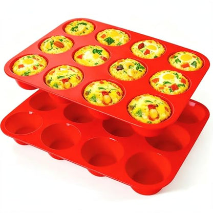 Ruinovate Silicone Muffin Pans for Baking Nonstick 2 Pcs, 12 Cup Regular Cupcake Pan, Food-Grade Silicone Baking Molds for Cupcakes, Egg Bites, Freezer, Red