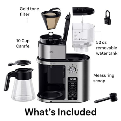 Braun MultiServe Plus 10-Cup Drip Coffee Maker - Hot & Cold Multi-Serve Brewer with Timer and Auto Start, Hot Water Dispenser, Over Ice Function, Stainless Steel & Pod-Free Design, KF9370SI