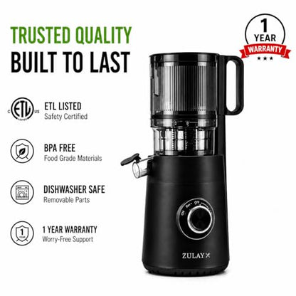Zulay Kitchen Juicer Machine with 5" Wide Feed Chute, Cold Press Slow Masticating Juicer for Whole Fruits & Vegetables, Easy to Clean Stainless Steel Blades, High Juice Yield - Black