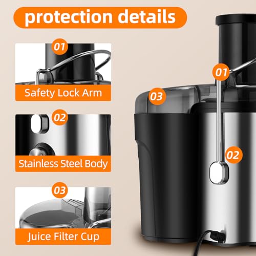 Panana Centrifugal Juicer Extractor with Wide Mouth 2.5” Feed Chute for Fruit Vegetable, Easy to Clean, Stainless Steel, BPA-free (Silver)