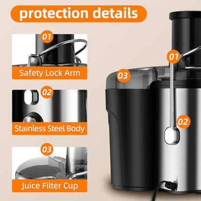 Panana Centrifugal Juicer Extractor with Wide Mouth 2.5” Feed Chute for Fruit Vegetable, Easy to Clean, Stainless Steel, BPA-free (Silver)