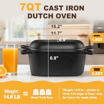 7QT Oval Dutch Oven for Sourdough Bread Baking, Pre-Seasoned Cast Iron Bread Pan with Lid, Even Heat Distribution for Homemade Bread