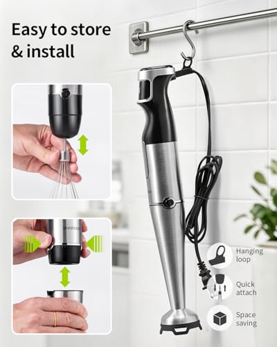 SHARDOR Immersion Blender Handheld, 1100W Hand Blender with Variable Speed, 5-in-1 Stick Blender Stainless Steel Shaft with Chopper, Whisk, Frother & Beaker for Soup, Sauces, Smoothies, Baby Food