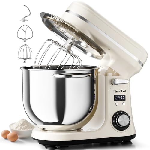 Neretva Stand Mixer, 6.34QT & 6 Speed Professional Mixers Kitchen Electric Stand Mixer Super Stable & Lower Noise Household Stand Mixer with Stainless Steel Bowl, Whisk, Flat Beater, Dough Hook -Beige