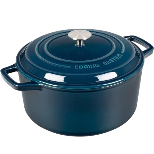 EDGING CASTING Enameled Cast Iron Dutch Oven Pot With Lid, Dutch Oven for Sourdough Bread Baking Round Pot Dule Handle, 6 Quart, Blue