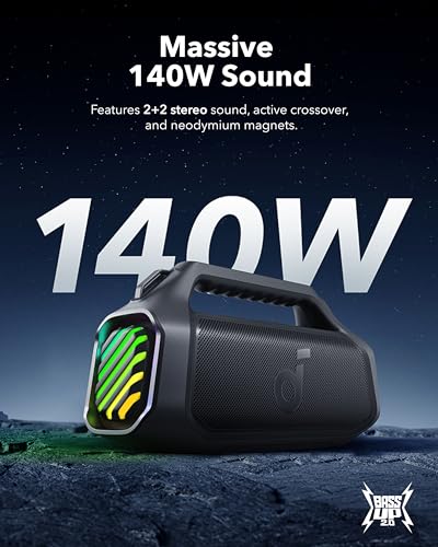 Soundcore Boom 2 Plus Portable Speaker By Anker, 140W, 2+2 Channel, BassUp 2.0, 20H Playtime, Fast Charge, IPX7 Waterproof, RGB Lights, Power Bank, Bluetooth 5.3, Outdoor Speakers, Camping, Beach