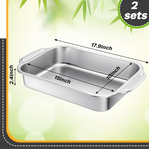 Funnymoom 2 Pcs Stainless Steel Cake Pan 15 x 10 Inch Baking Pan with Handle Rectangle Baking Bakeware for Fish Cakes Breads Casseroles Vegetables Dishwasher Safe